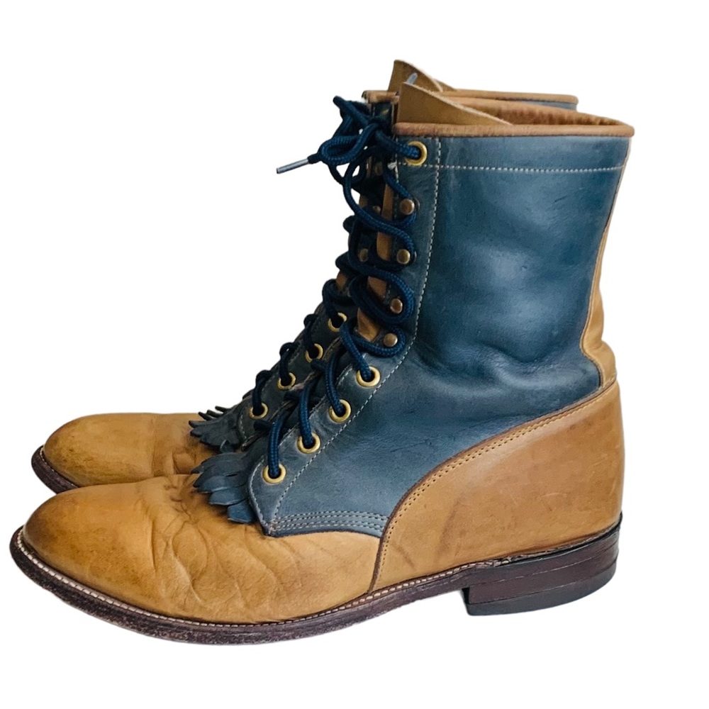 Justin Women’s Vintage Roper Kiltie Navy Blue Tan Boots Sz 8.5 (or Men’s size 7)